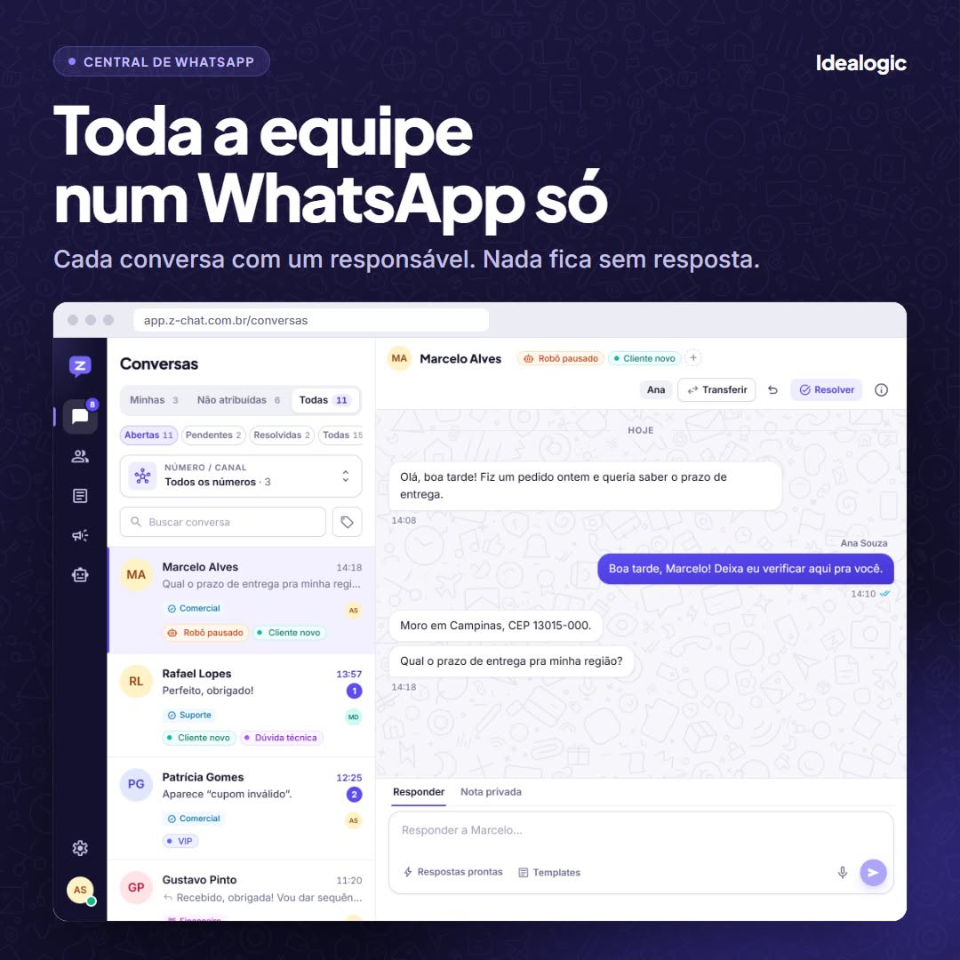Interface de atendimento com conversas, responsáveis, etiquetas e histórico.